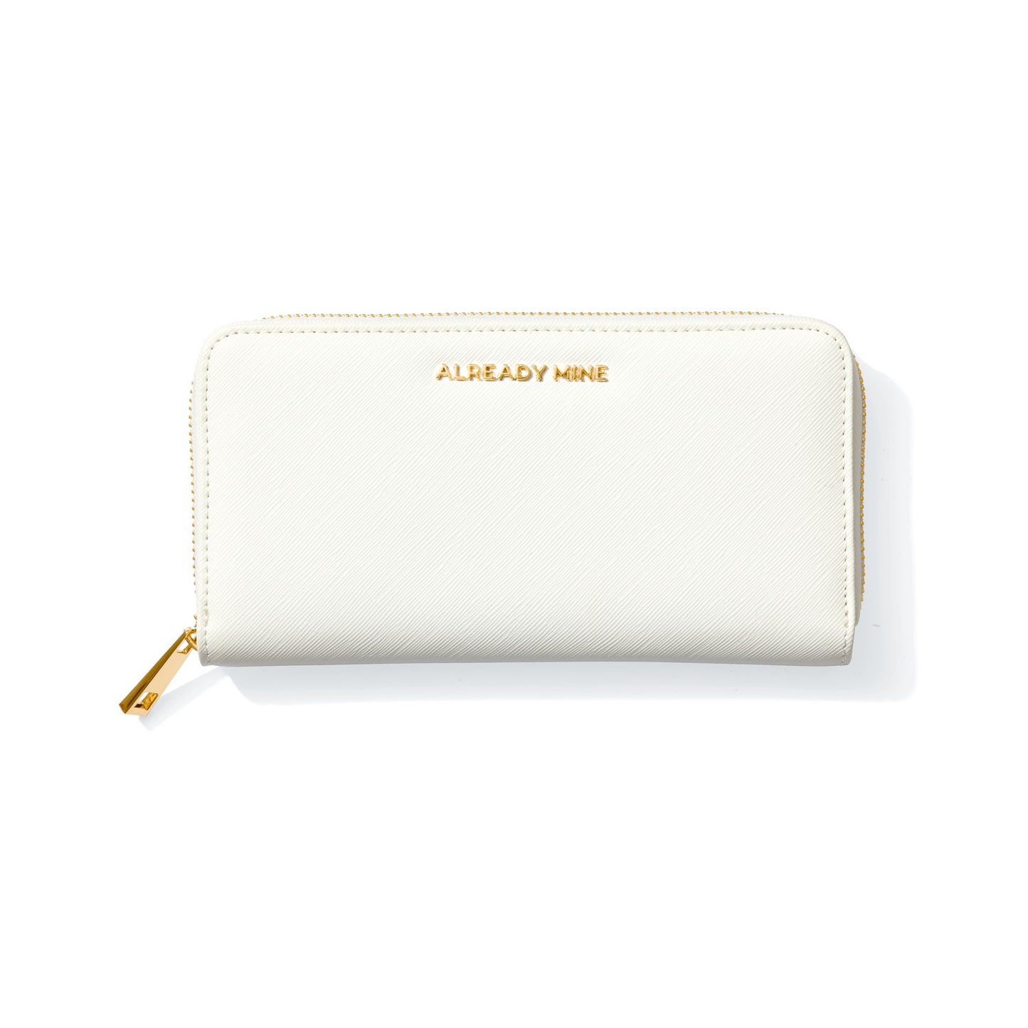 White Manifesting Wallet with "ALREADY MINE" embossing, designed to attract wealth and abundance.