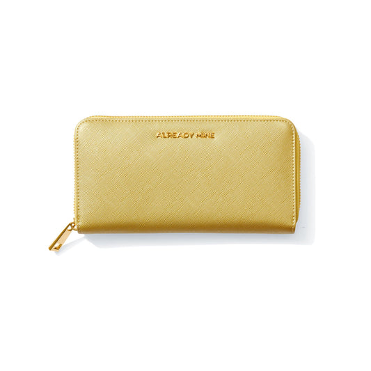 Gold Manifesting Wallet embossed with "ALREADY MINE," designed with Feng Shui principles to attract wealth, success, and abundance. Made from premium vegan leather for a luxurious and sustainable touch.