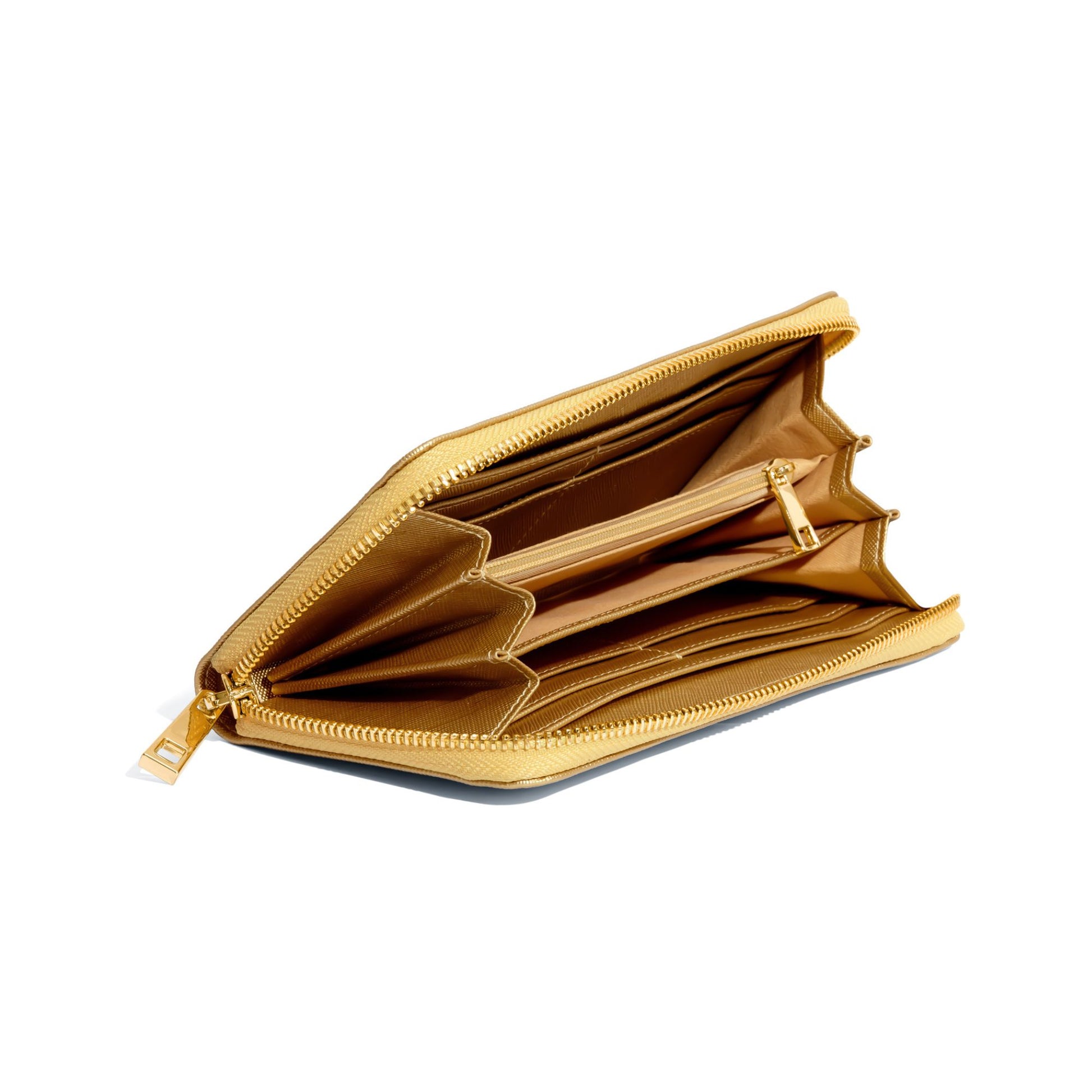 Elegant vegan leather gold wallet designed for financial abundance and unexpected money flow.